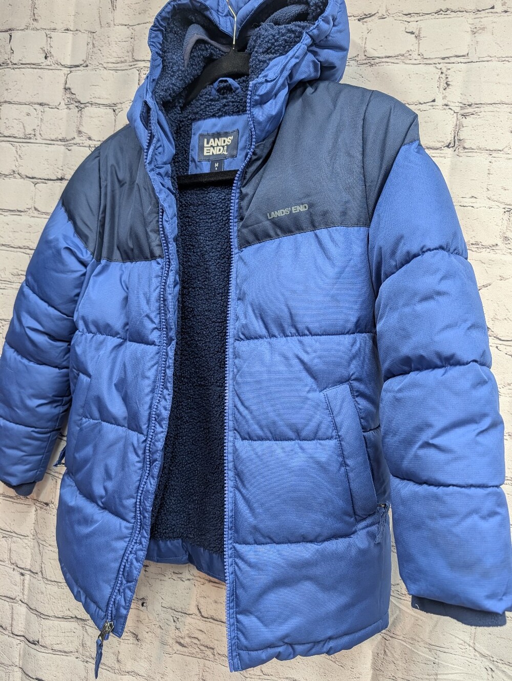 Lands' End Kids' Two-Tone Blue Hooded Puffer Jacket - Picture 6 of 6